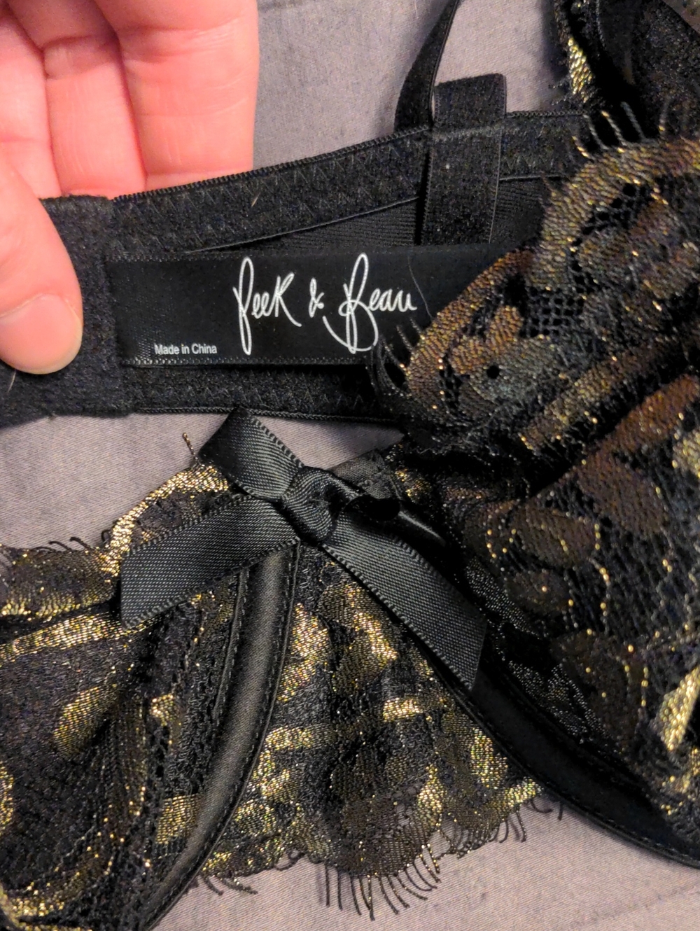 Playful Promises/Peak & Beau Black & Gold Lace Bra and Garter Set